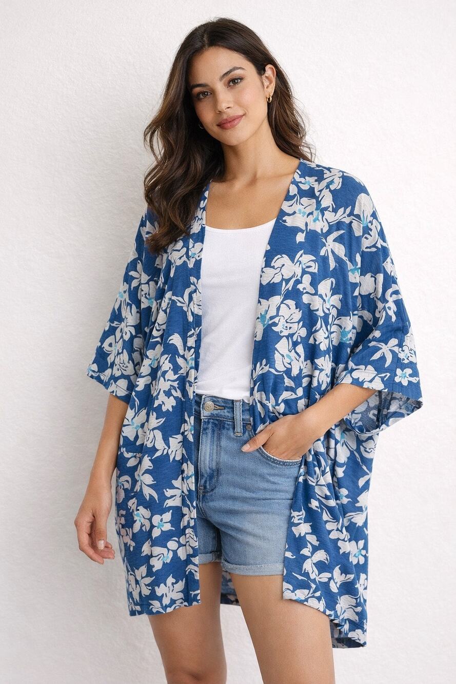 Natural by Known Supply Kimono XL/XXL Blue Floral Open Front Cotton Cardigan